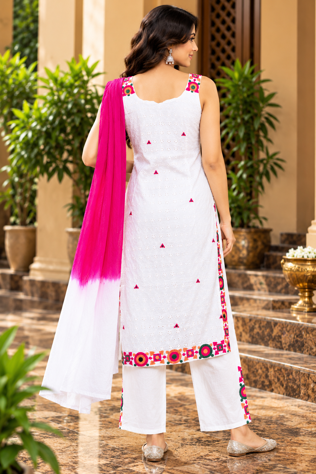 White Embroidered Kurta Pant Set with Magenta Dupatta