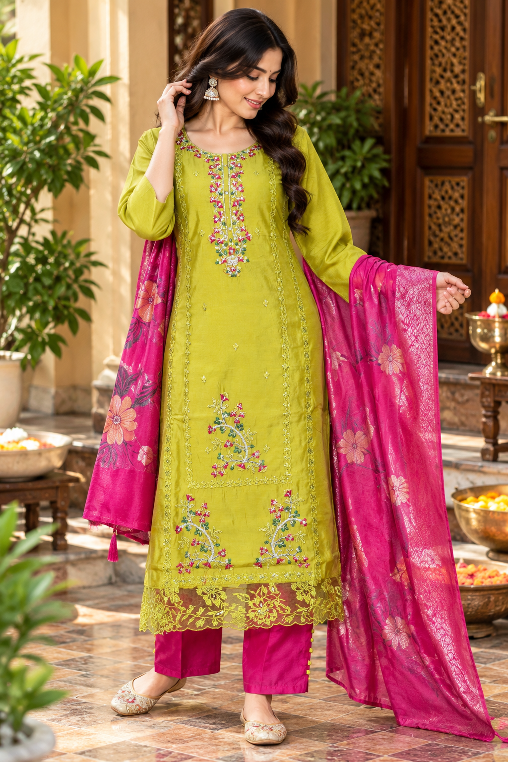 Lime Green Embroidered Kurta Pant Set with Pink Dupatta