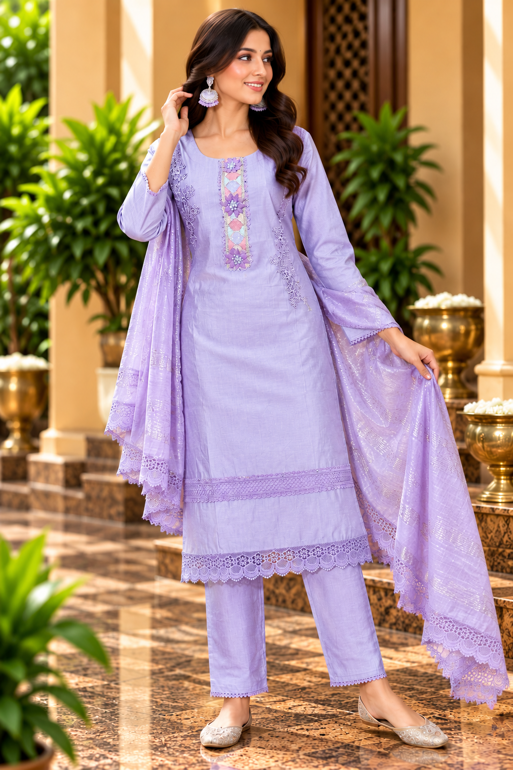 Lavender Embroidered Straight Kurta Pant Set with Dupatta
