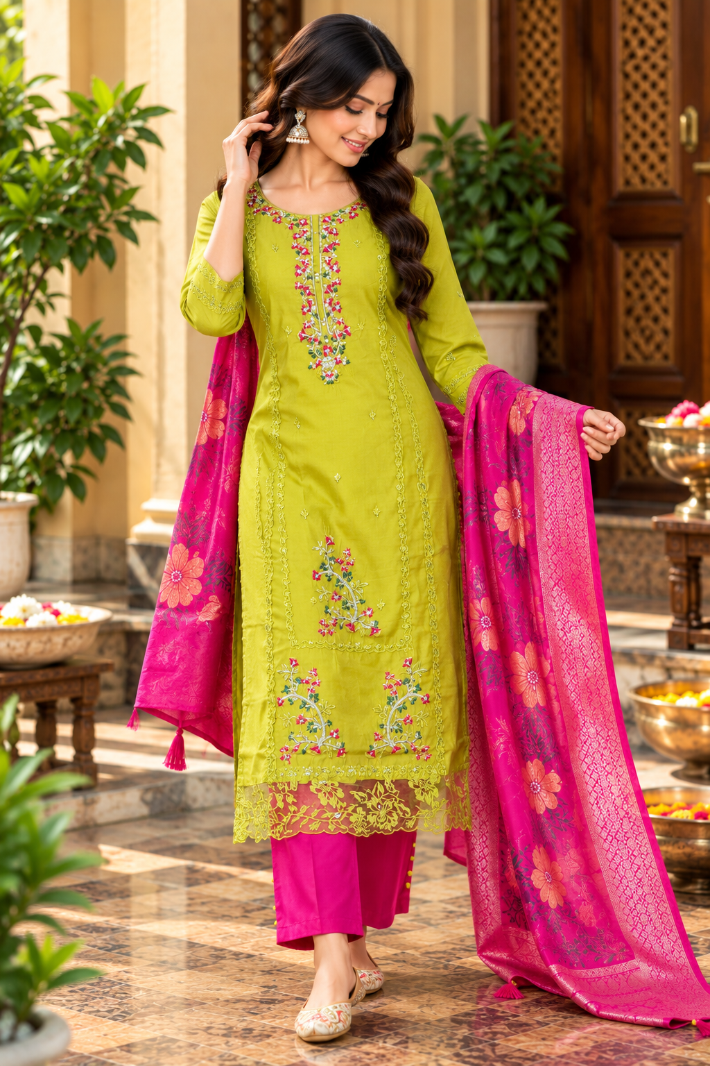 Lime Green Embroidered Kurta Pant Set with Pink Dupatta