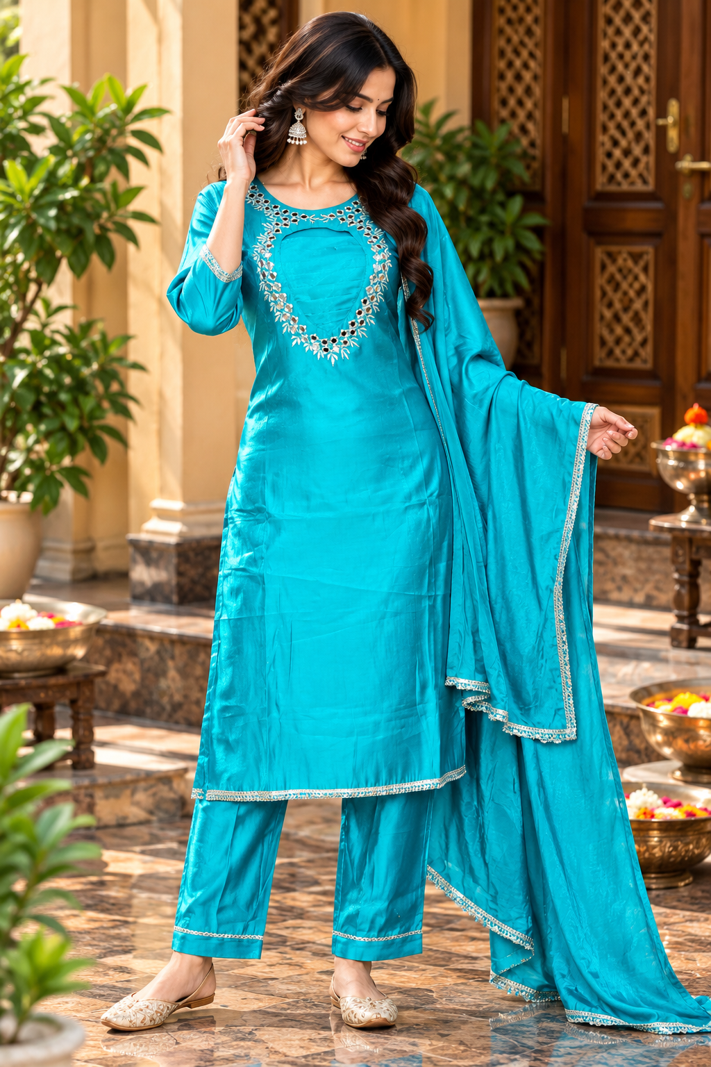 Turquoise Blue Silk-Finish Embroidered Kurta Pant Dupatta Set