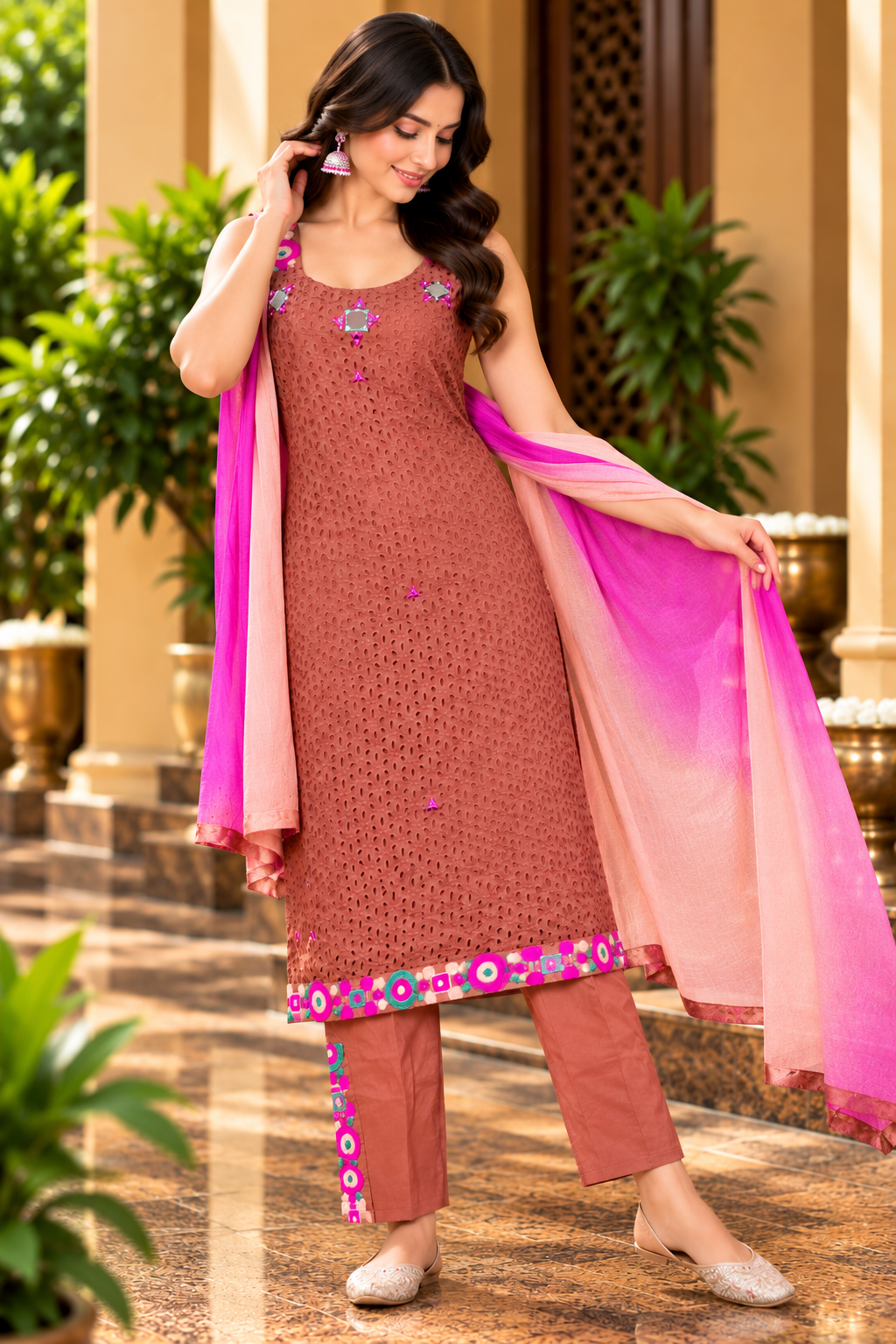 Brown Eyelet Embroidered Kurta Pant Set with Pink Dupatta
