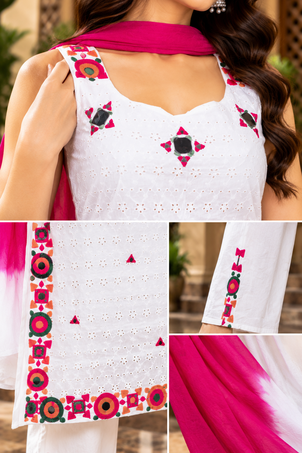 White Embroidered Kurta Pant Set with Magenta Dupatta
