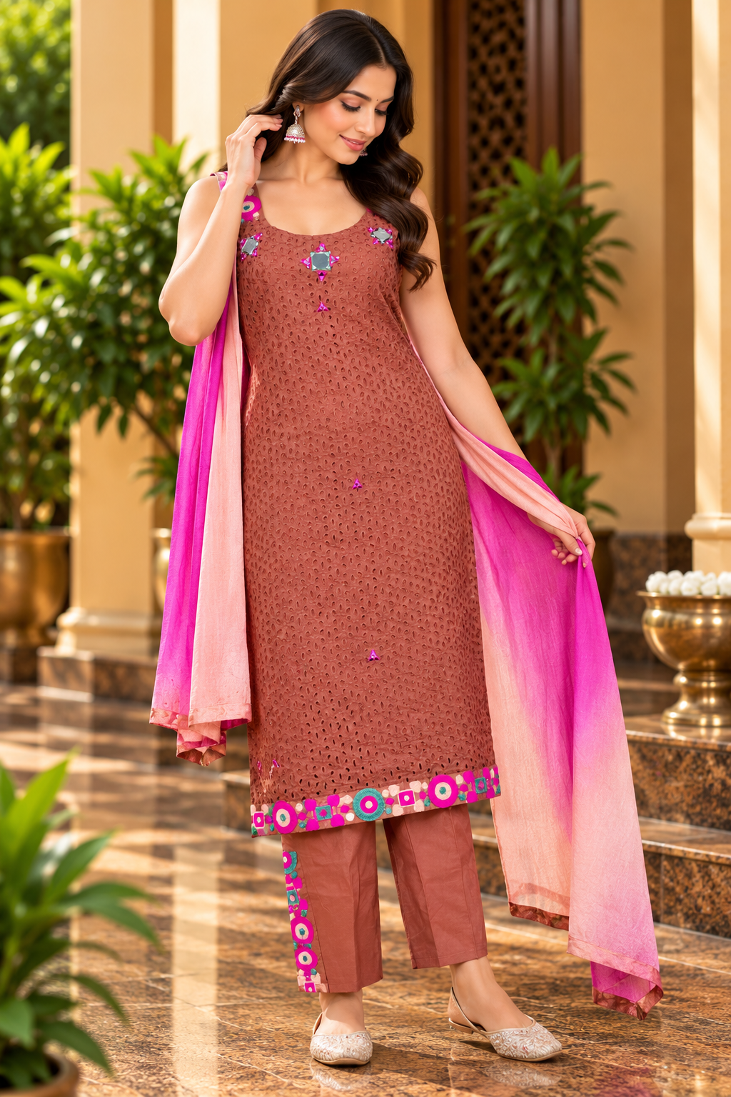 Brown Eyelet Embroidered Kurta Pant Set with Pink Dupatta