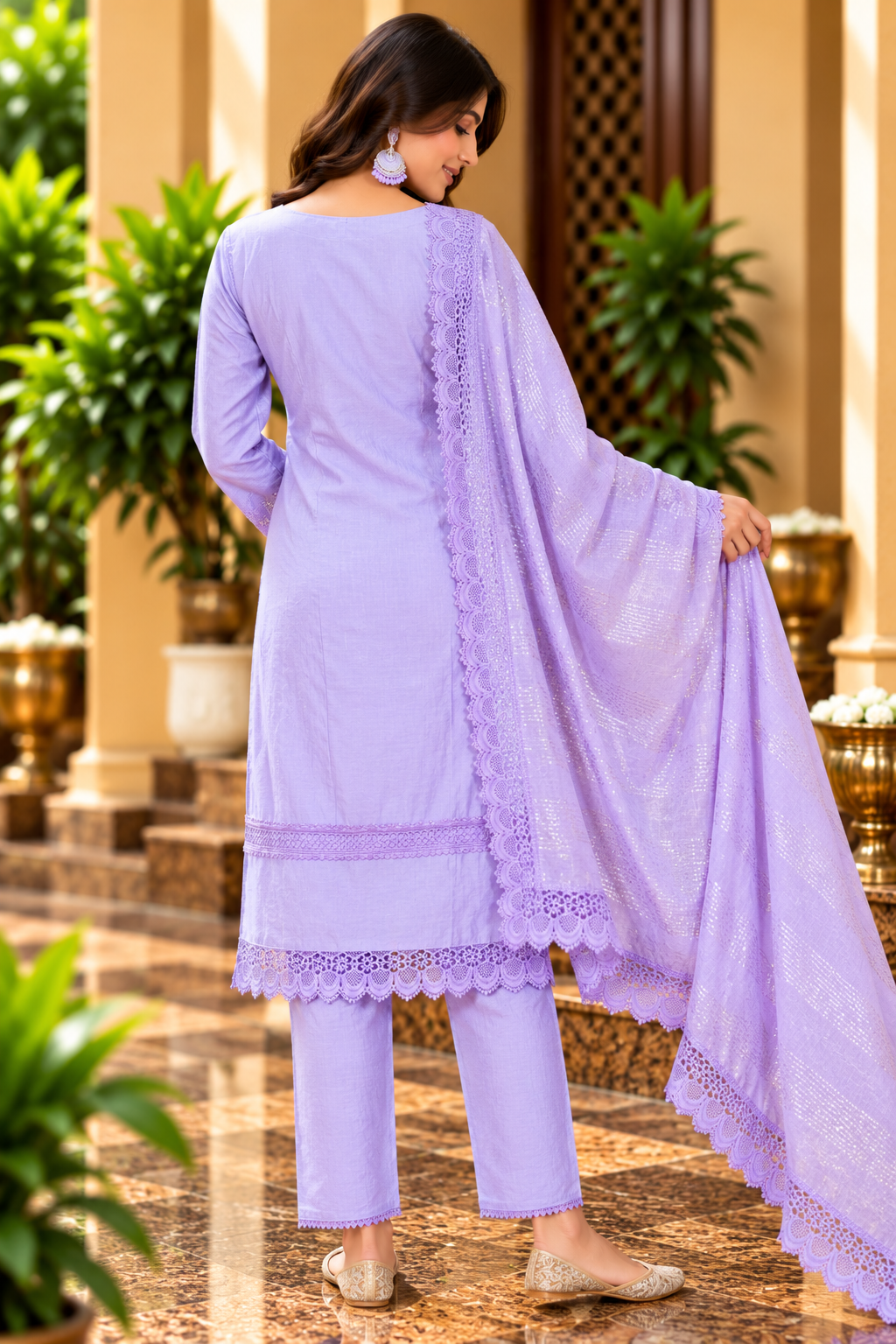 Lavender Embroidered Straight Kurta Pant Set with Dupatta