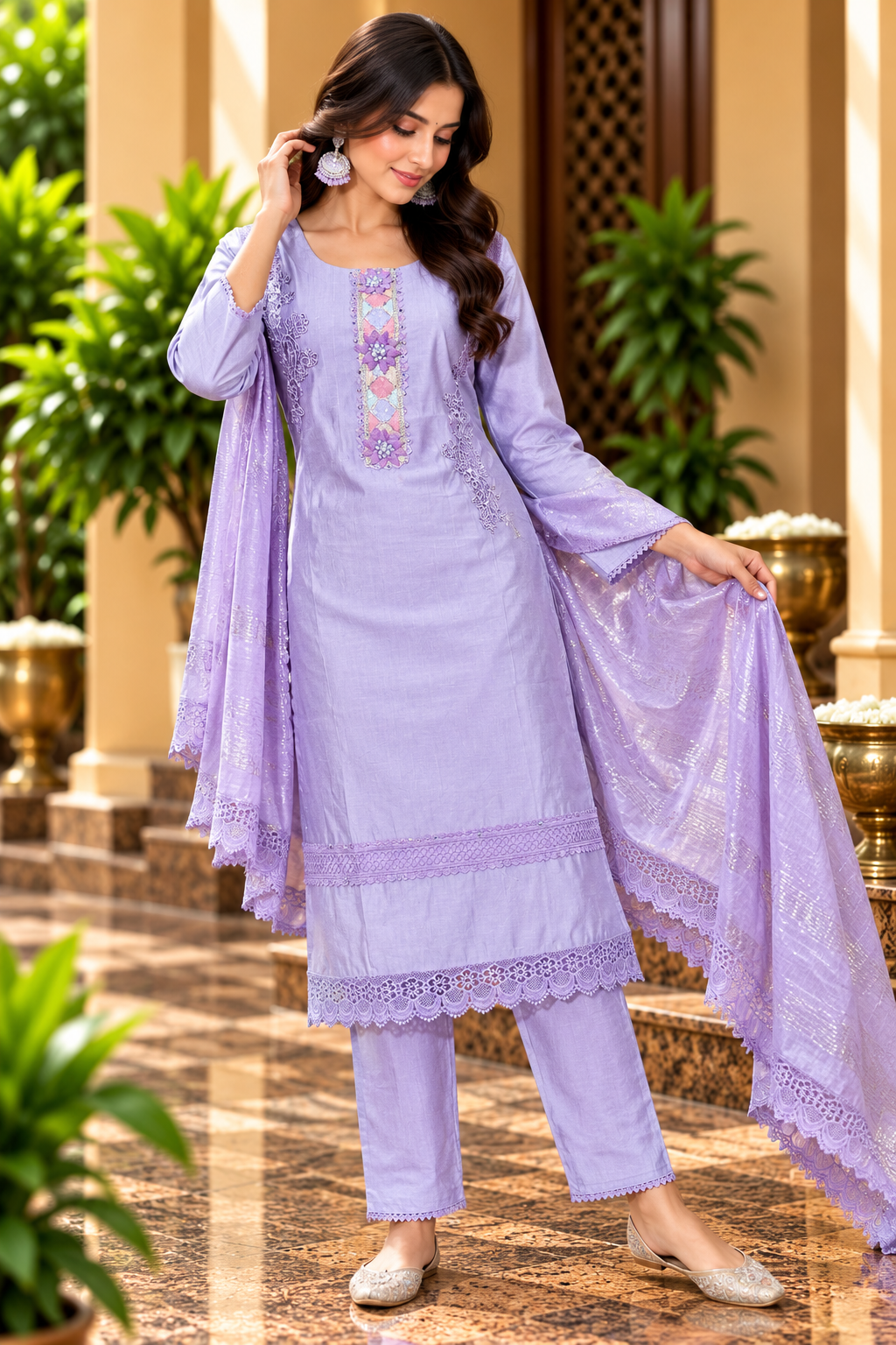 Lavender Embroidered Straight Kurta Pant Set with Dupatta
