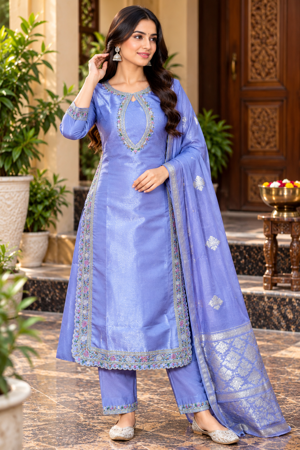 Lavender Blue Silk-Blend Embroidered Kurta Pant Dupatta Set