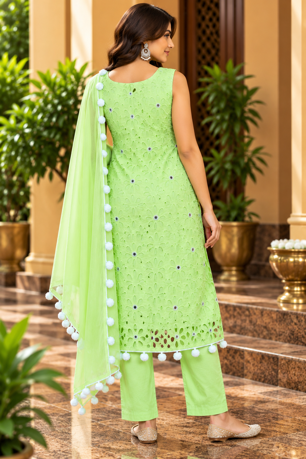 Pista Green Cutwork Embroidered Kurta Pant Dupatta Set