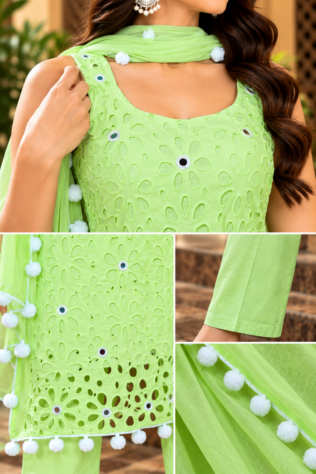 Pista Green Cutwork Embroidered Kurta Pant Dupatta Set