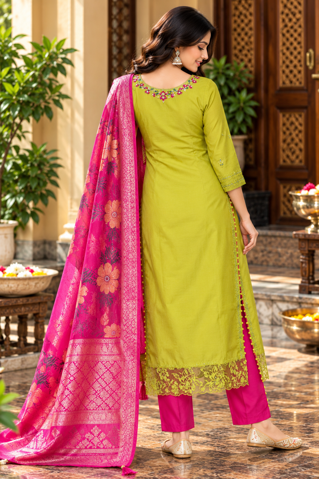 Lime Green Embroidered Kurta Pant Set with Pink Dupatta