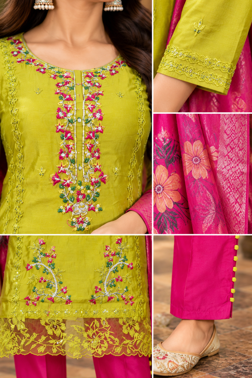 Lime Green Embroidered Kurta Pant Set with Pink Dupatta