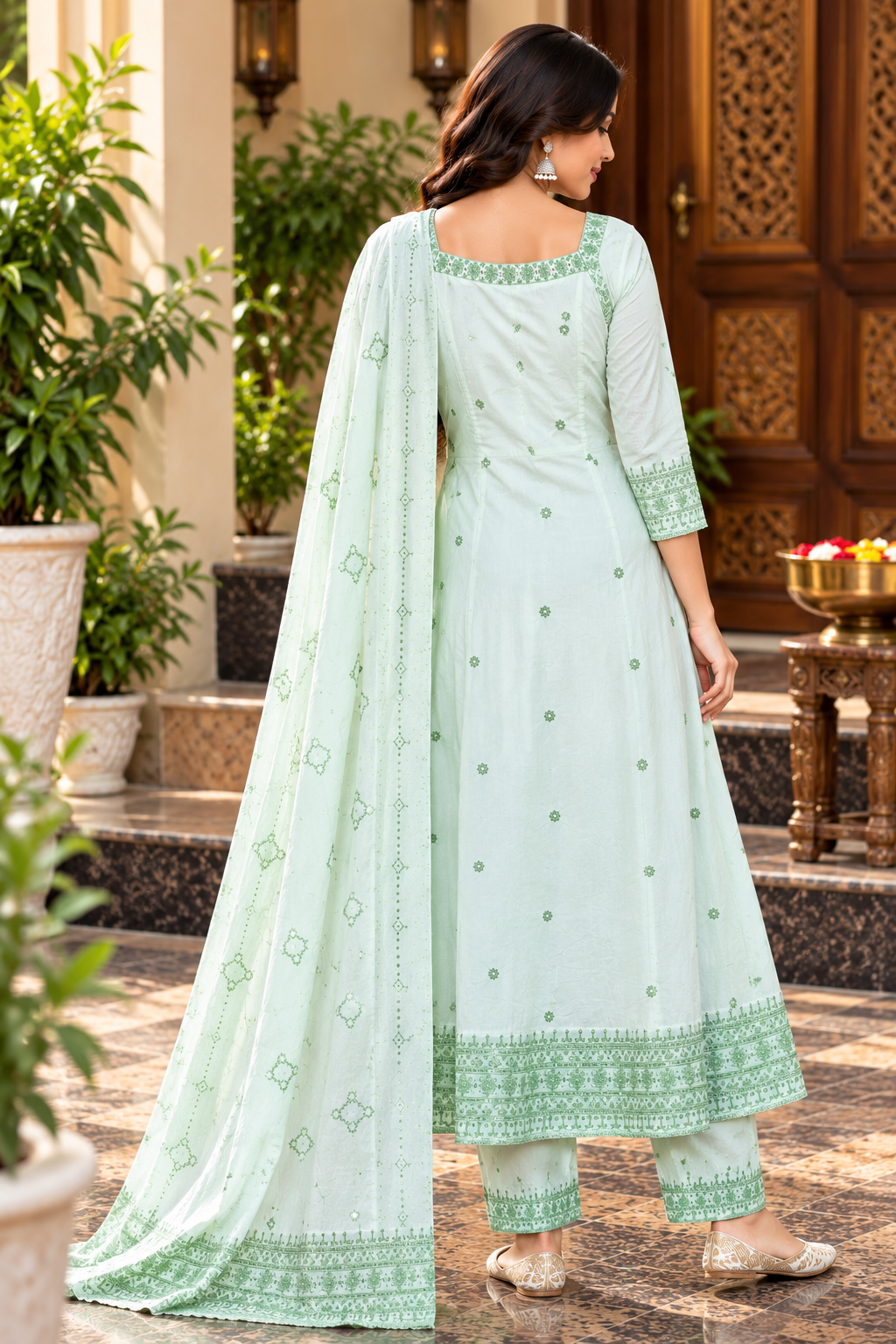 Pastel Mint Green Embroidered Anarkali Suit Set with Dupatta