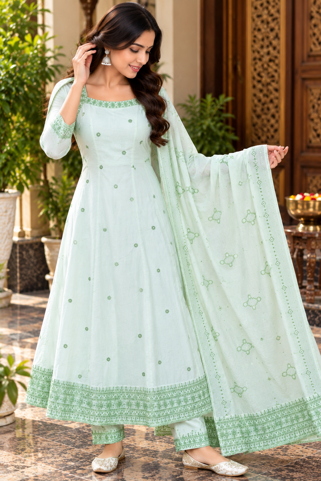 Pastel Mint Green Embroidered Anarkali Suit Set with Dupatta