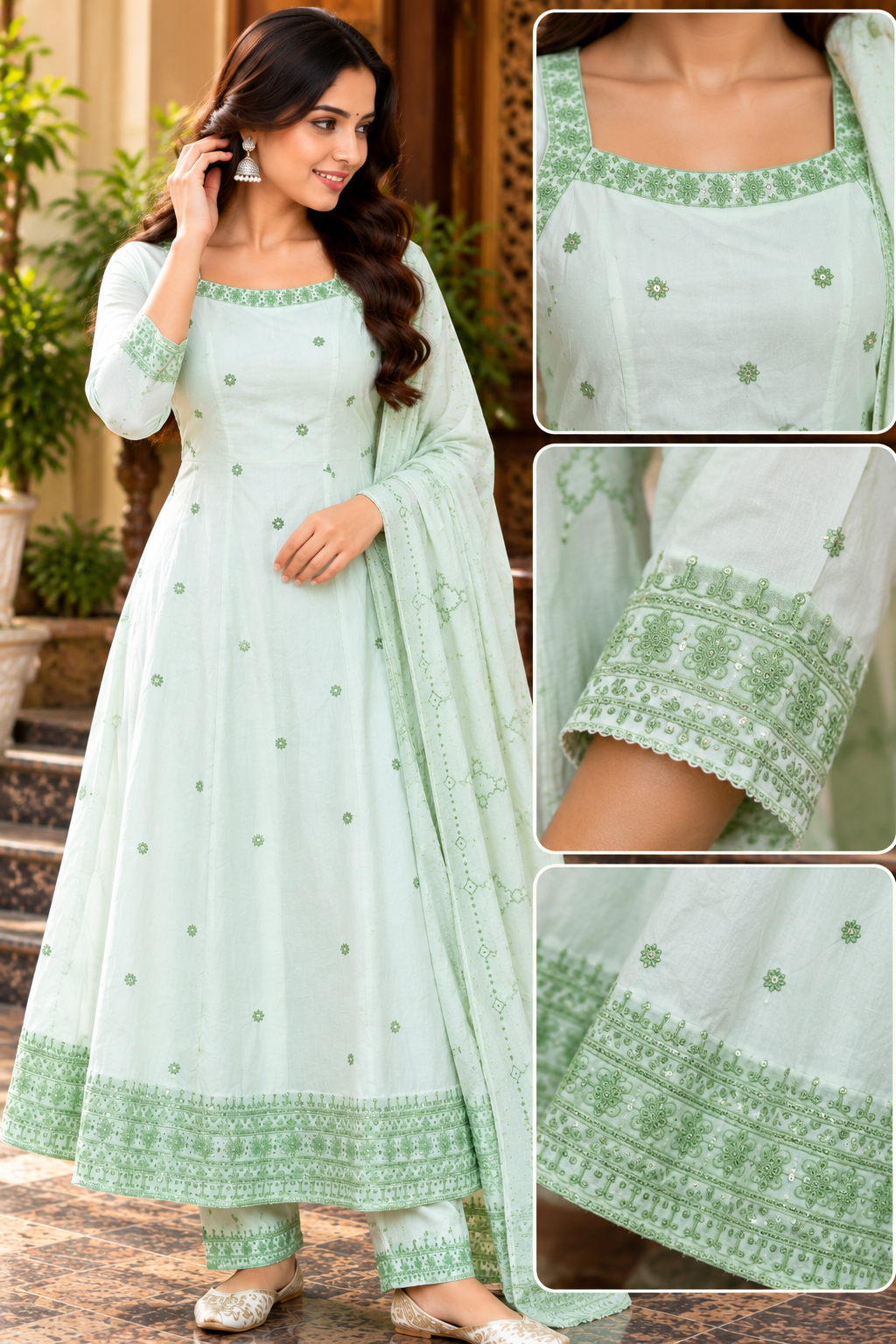Pastel Mint Green Embroidered Anarkali Suit Set with Dupatta
