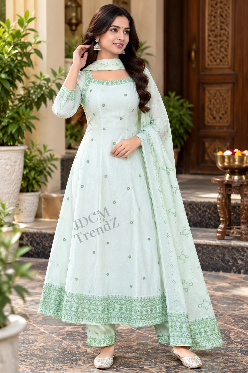 Pastel Mint Green Embroidered Anarkali Suit Set with Dupatta