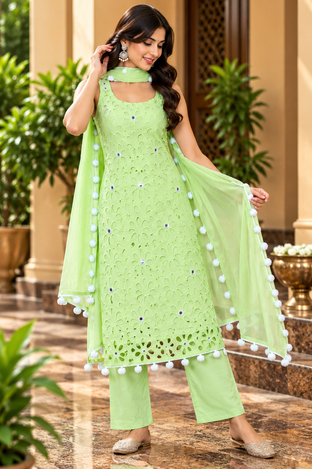 Pista Green Cutwork Embroidered Kurta Pant Dupatta Set