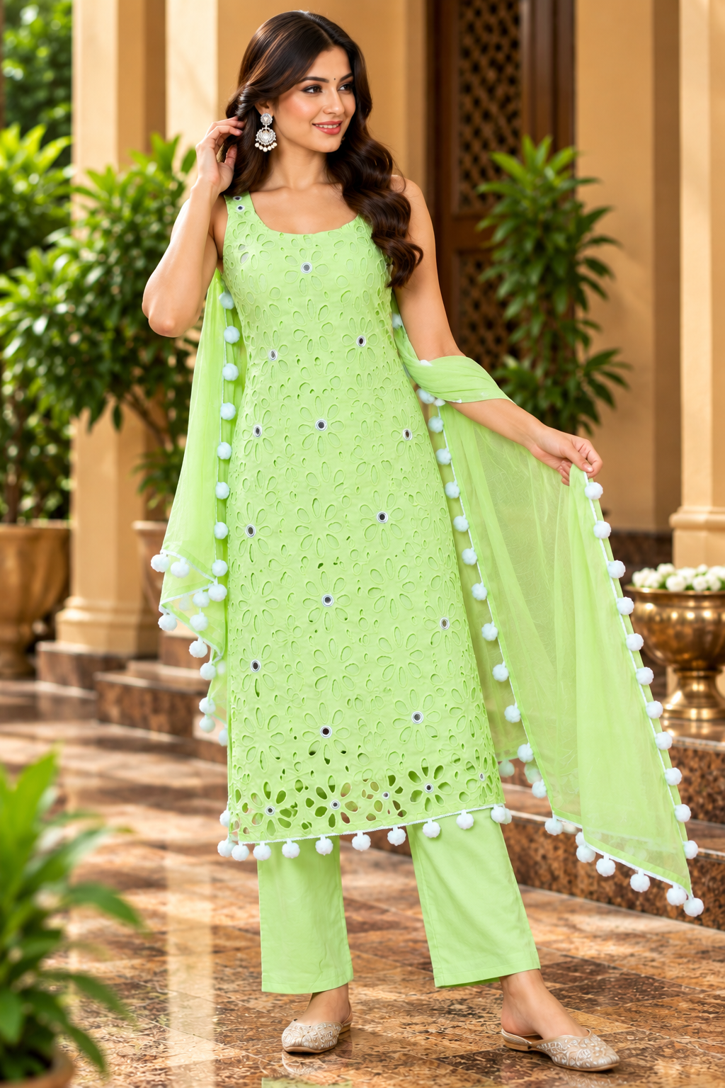 Pista Green Cutwork Embroidered Kurta Pant Dupatta Set