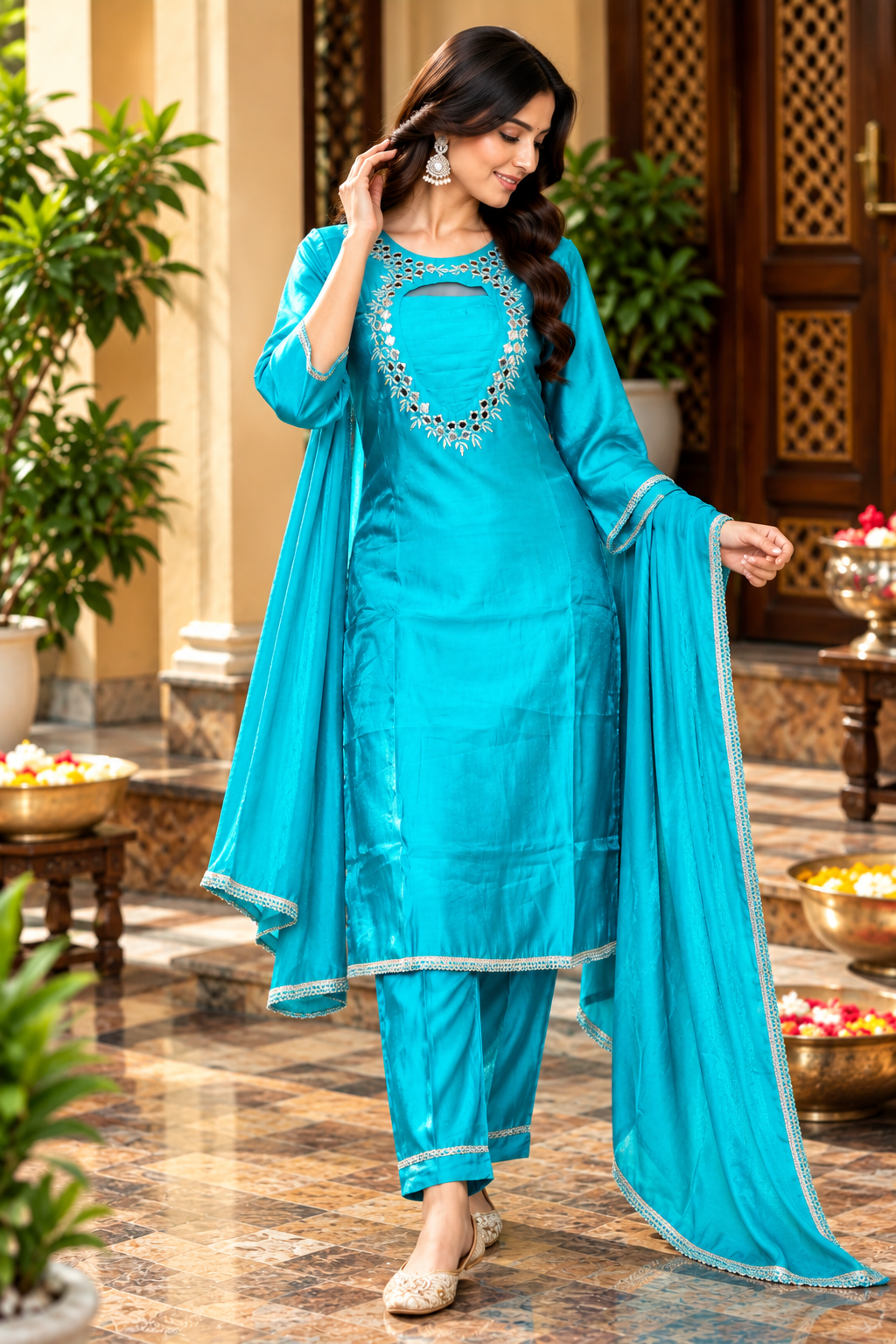Turquoise Blue Silk-Finish Embroidered Kurta Pant Dupatta Set