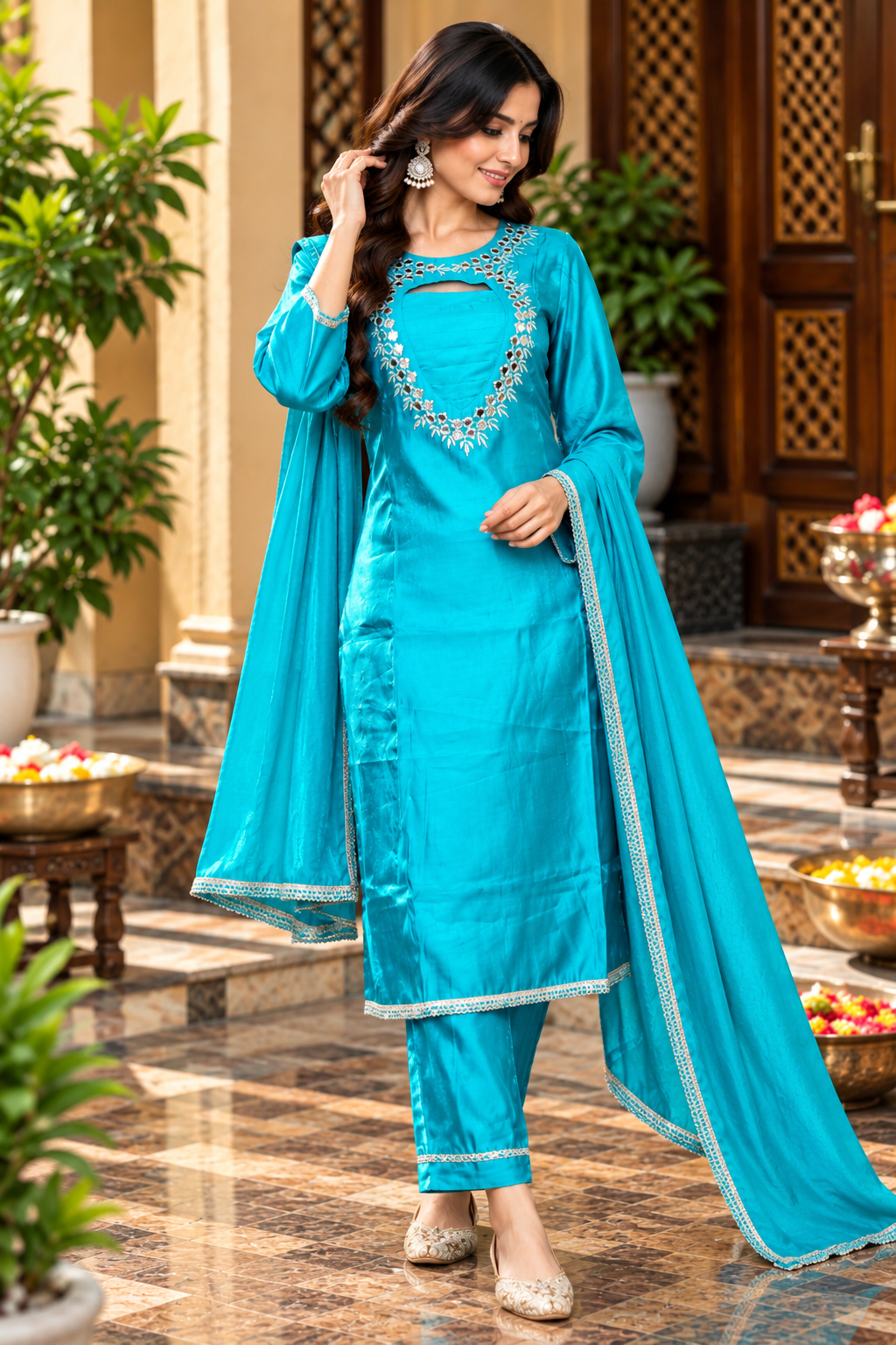 Turquoise Blue Silk-Finish Embroidered Kurta Pant Dupatta Set