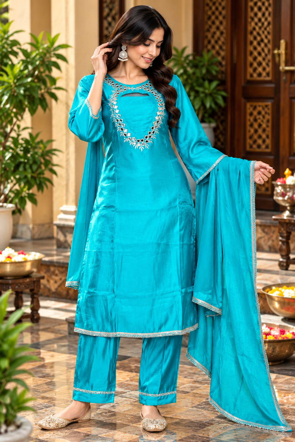 Turquoise Blue Silk-Finish Embroidered Kurta Pant Dupatta Set