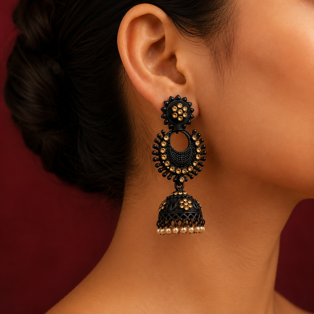 Black & Gold Embellished Pearl Jhumka Earrings