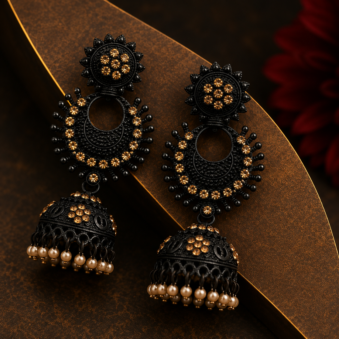 Black & Gold Embellished Pearl Jhumka Earrings