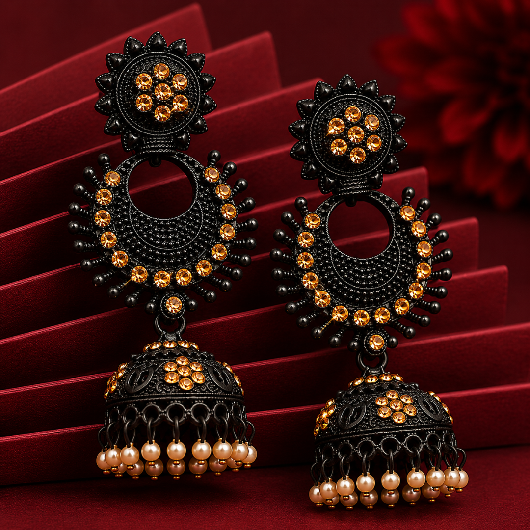 Black & Gold Embellished Pearl Jhumka Earrings