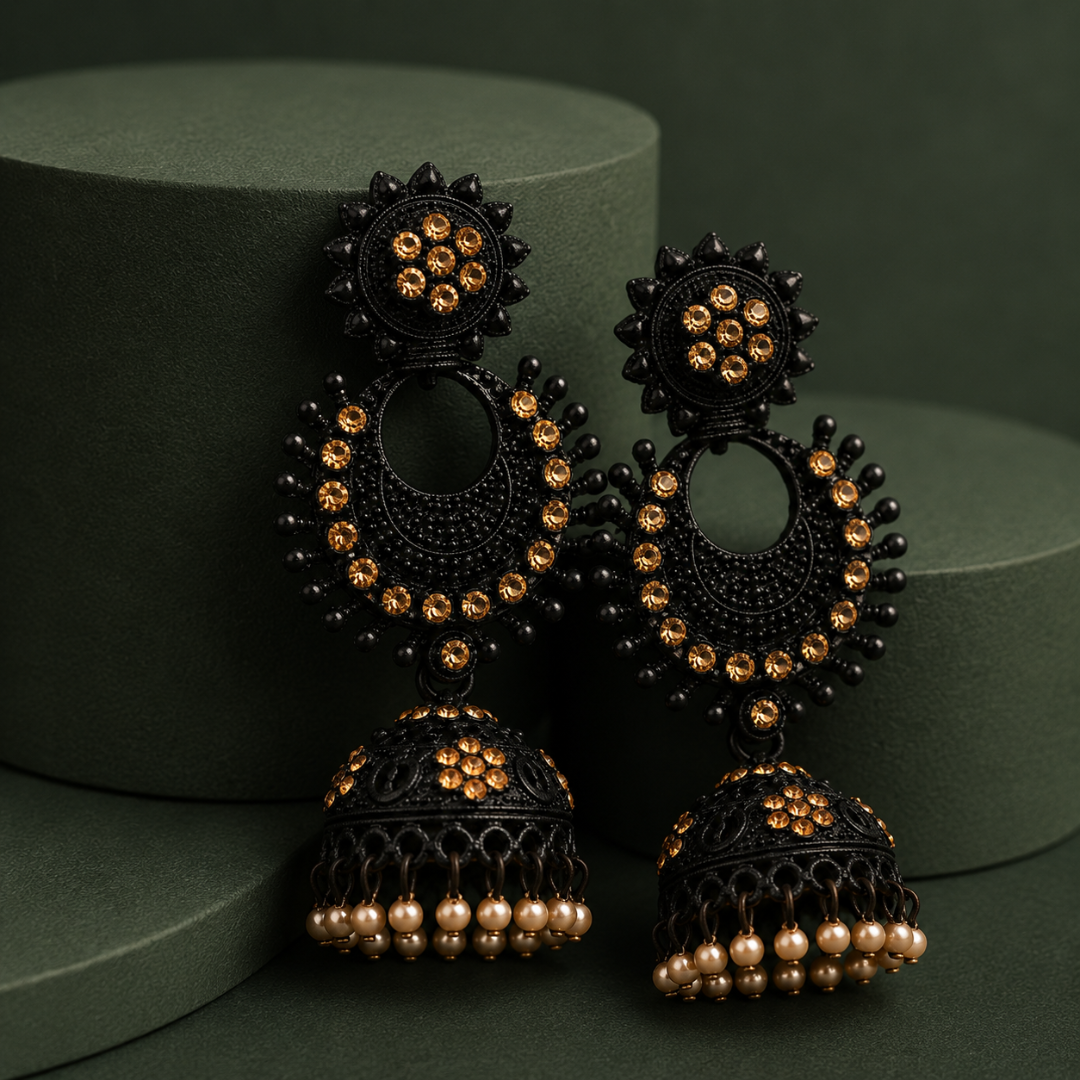 Black & Gold Embellished Pearl Jhumka Earrings