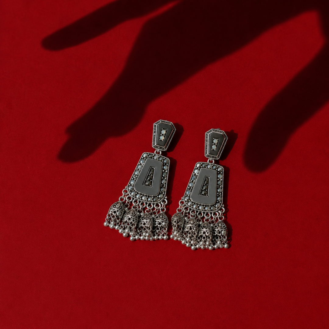 Oxidised Silver Black Stone Statement Jhumka Earrings