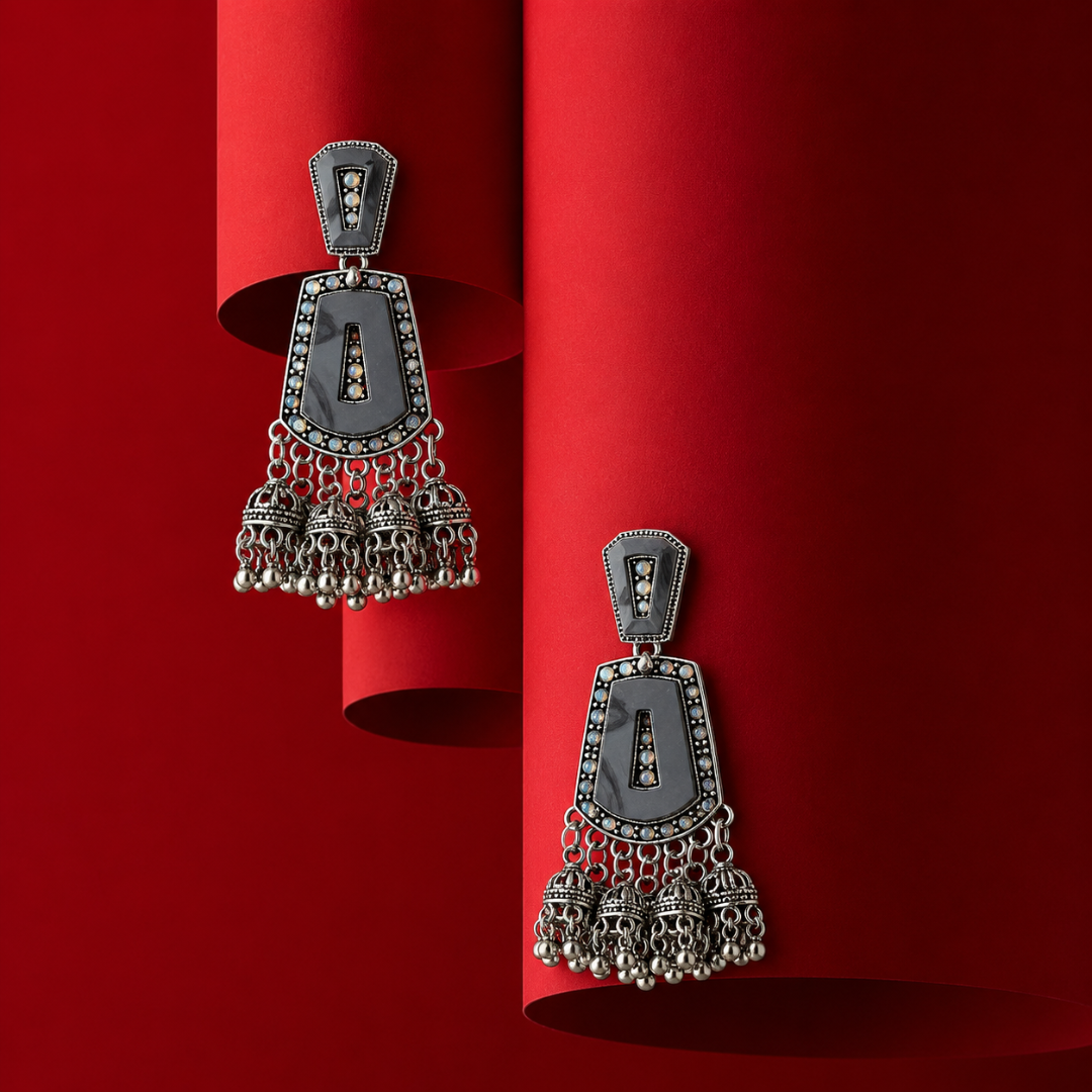 Oxidised Silver Black Stone Statement Jhumka Earrings