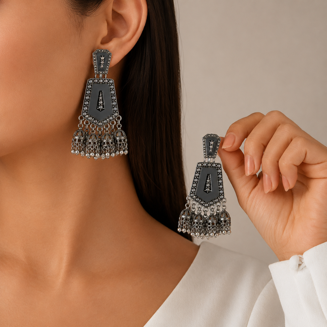 Oxidised Silver Black Stone Statement Jhumka Earrings