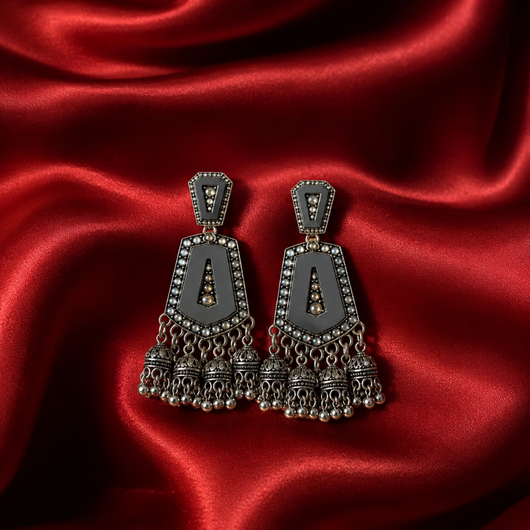 Oxidised Silver Black Stone Statement Jhumka Earrings