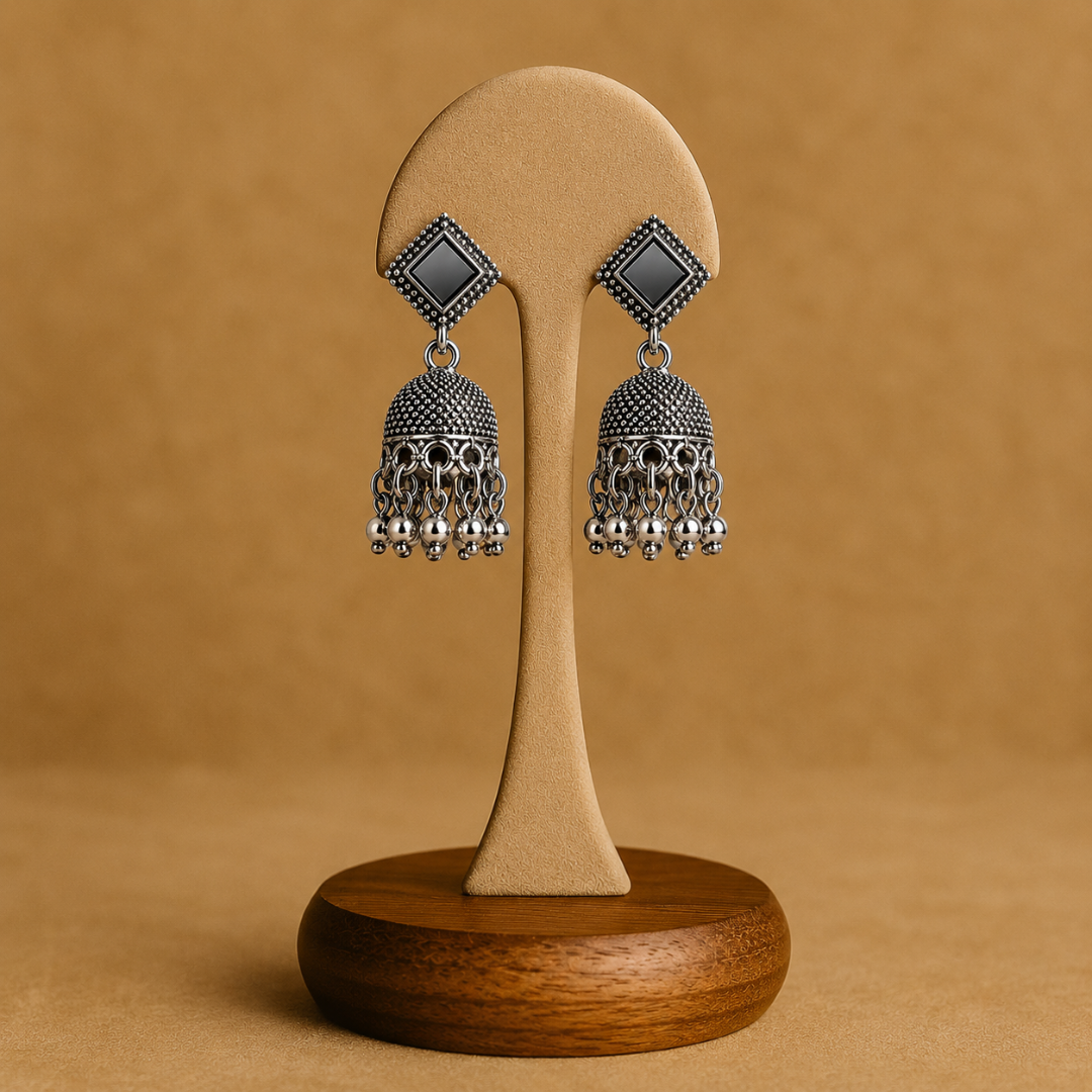 Oxidised Silver Geometric Mirror Jhumka Earrings