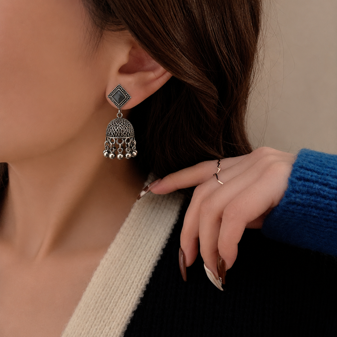 Oxidised Silver Geometric Mirror Jhumka Earrings
