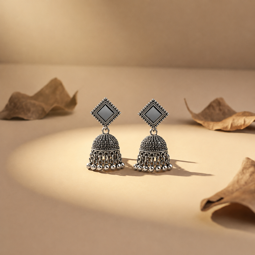 Oxidised Silver Geometric Mirror Jhumka Earrings