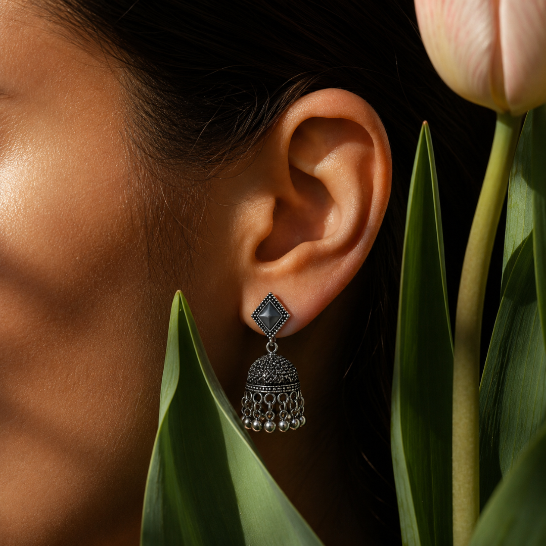 Oxidised Silver Geometric Mirror Jhumka Earrings