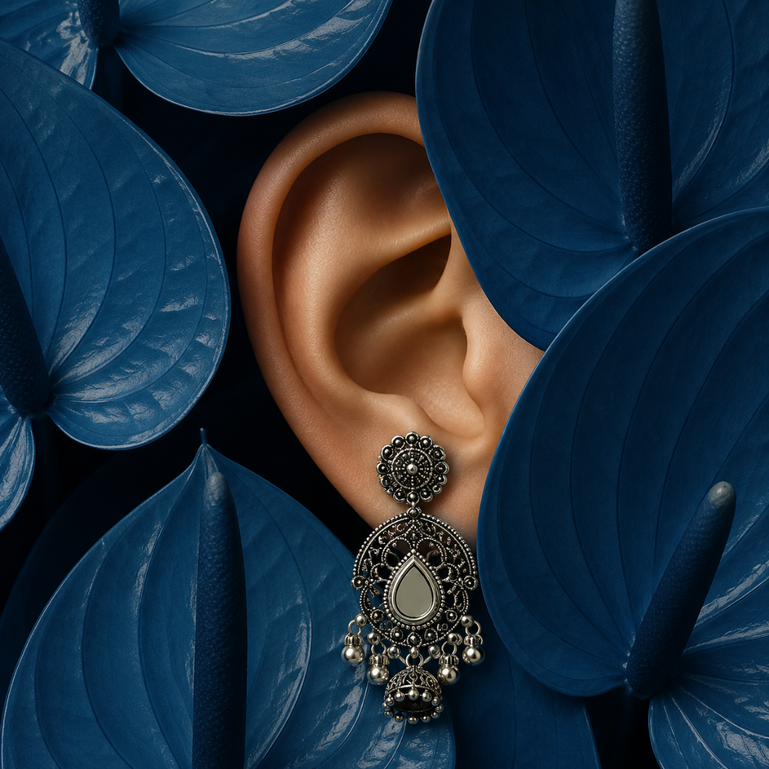 Oxidised Silver Teardrop Jhumka Earrings with Black Stone Detailing