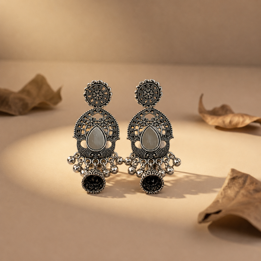 Oxidised Silver Teardrop Jhumka Earrings with Black Stone Detailing