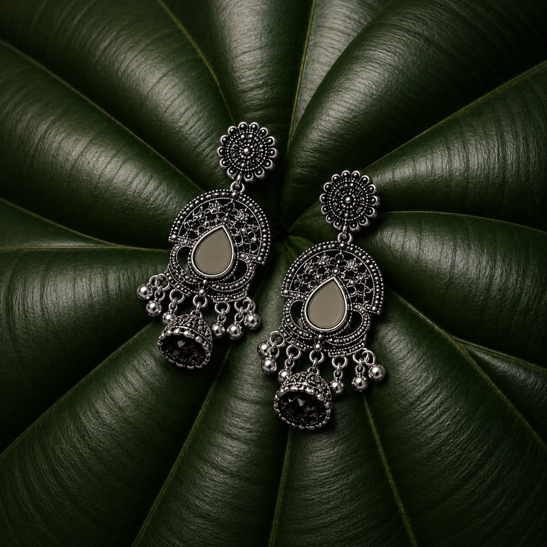Oxidised Silver Teardrop Jhumka Earrings with Black Stone Detailing