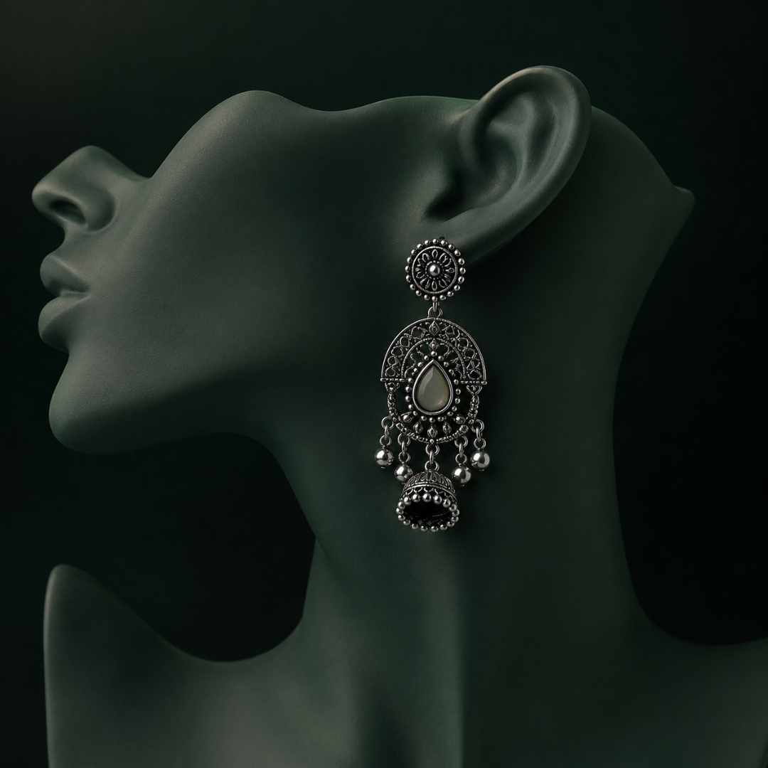 Oxidised Silver Teardrop Jhumka Earrings with Black Stone Detailing