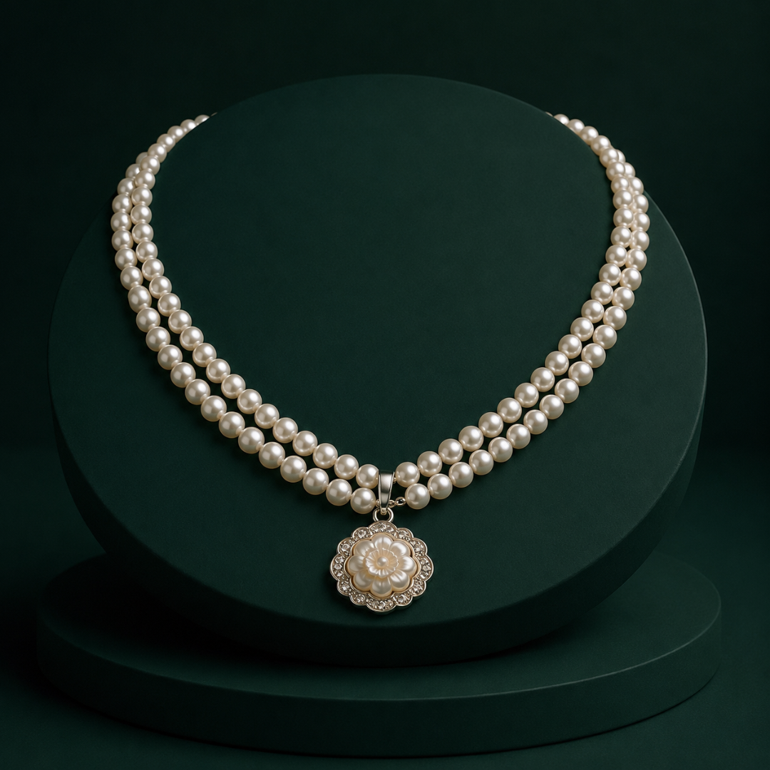 Double Layer Pearl Floral Pendant Necklace
