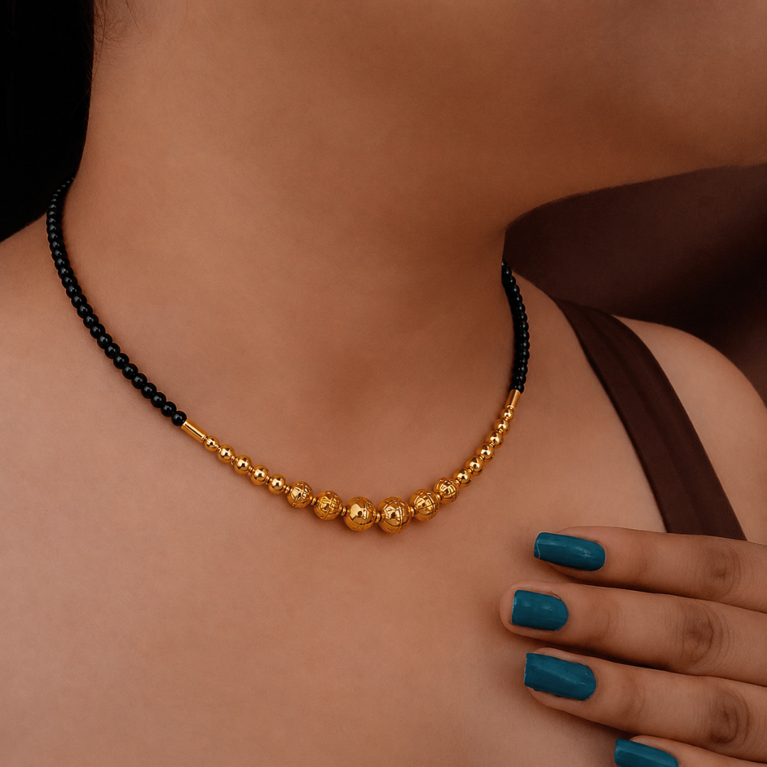 Black Beaded Gold-Tone Mangalsutra Style Necklace